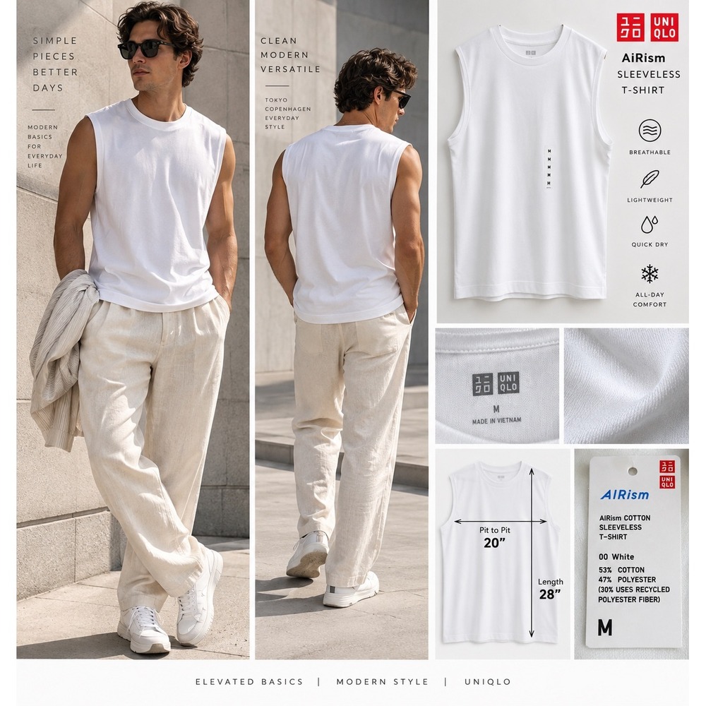 Uniqlo AIRism Cotton Sleeveless T Shirt Men's M White Muscle Tee NWT